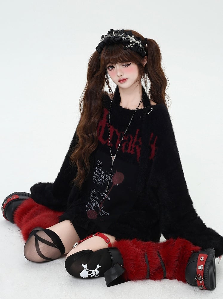 Black/Wine Red/Purple Letter Graphic Halter Neck Loose Sweater