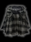 Punk Gray Cross Applique Low-Waisted Plaid Pleated Mini Skirt with Free Waist Chain