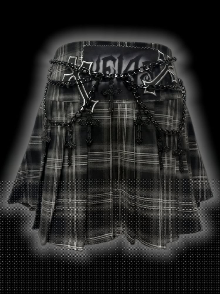 パンクグレーのクロスアップリケ付きローウエストチェック柄プリーツミニスカート（フリーウエストチェーン付き）