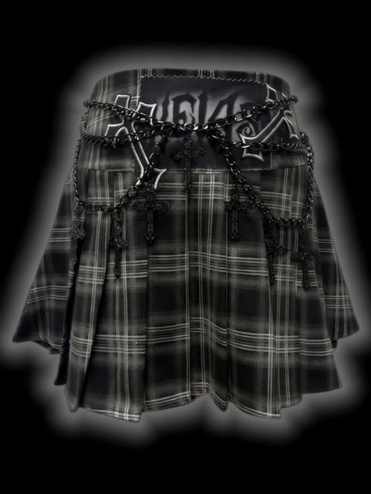 Punk Grey Cross Applique Low Waist Plaid Pleated Mini Skirt with Free Waist Chain