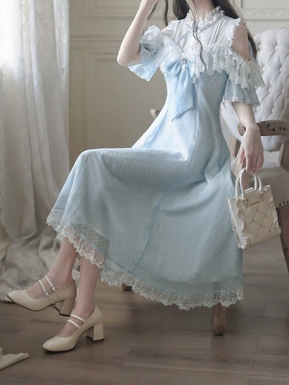 Blue Off-Shoulder Short Sleeve Chiffon Dress with Bow and Lace - Walnut JK