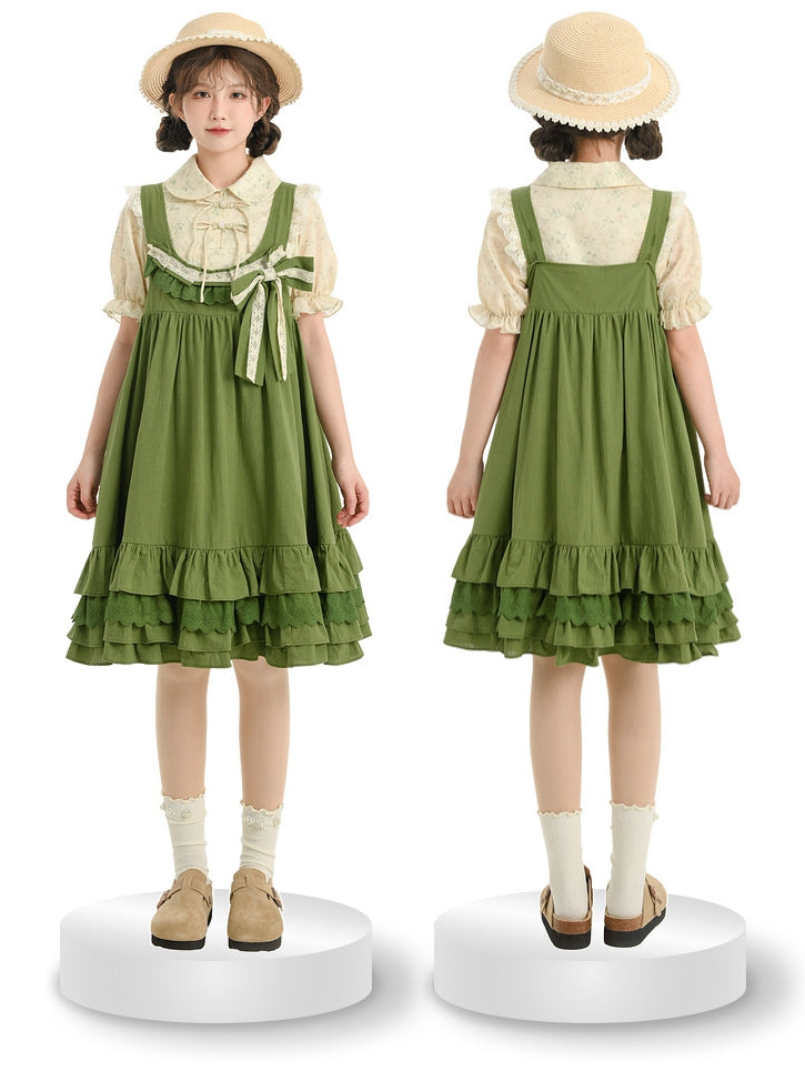 Sweet Hem Overall Kleid Bowknot Rüschen mit abnehmbarem Grün