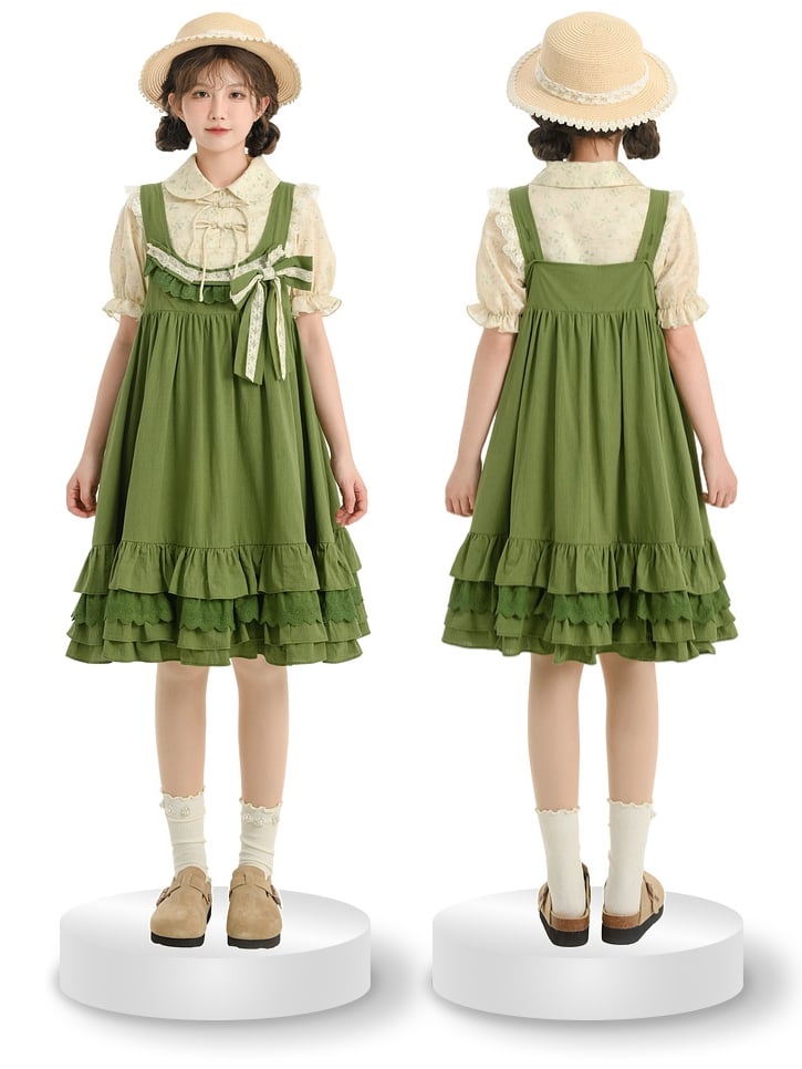 with Detachable Sweet Ruffle Green Overall Dress Hem Bowknot