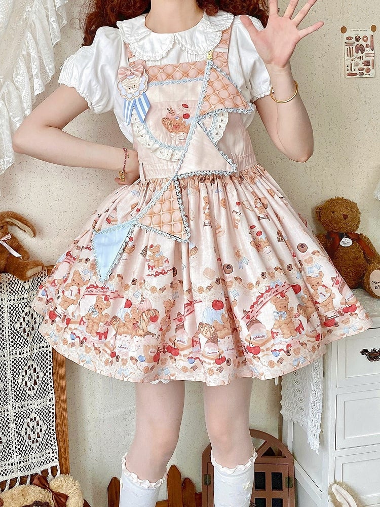 Beiges süßes Lolita-Overallkleid mit Teddybär und Dessert
