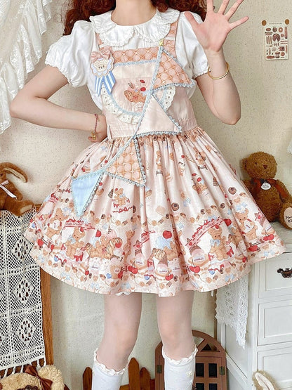 Beiges süßes Lolita-Overallkleid mit Teddybär und Dessert