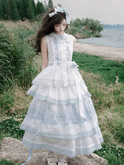 White Sheer Blue Shell Embroidered Lace Vest with Self-Tie - Yimu Walnut