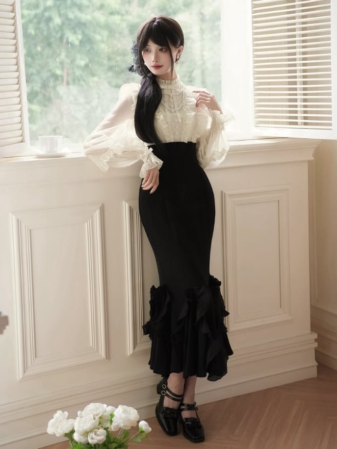 Beige Long Sleeve Blouse & Black Mermaid Skirt Boned Waist Lolita Dress - With PUJI