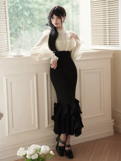 Beige Long Sleeve Blouse & Black Mermaid Skirt Boned Waist Lolita Dress - With PUJI