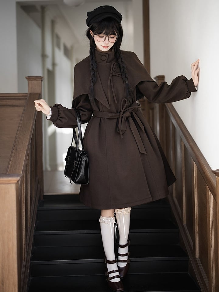Quilted Coat Vibes Little with Dark Brown Cape Design Lining Academia Cotton Detective