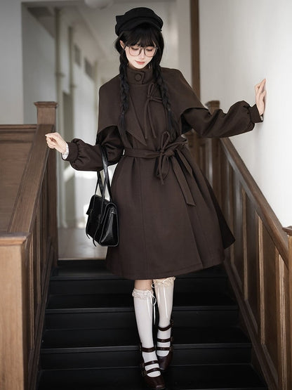 Quilted Coat Vibes Little with Dark Brown Cape Design Lining Academia Cotton Detective