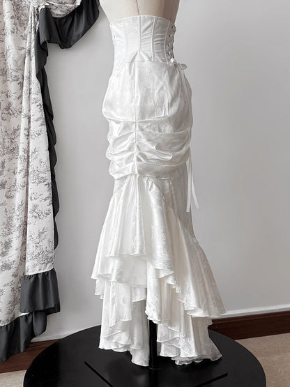 Rock Kaskadieren Asymmetrische Gothic Weiß Hohe Korsett Taille Meerjungfrau Saum Lolita Volant Entbeint