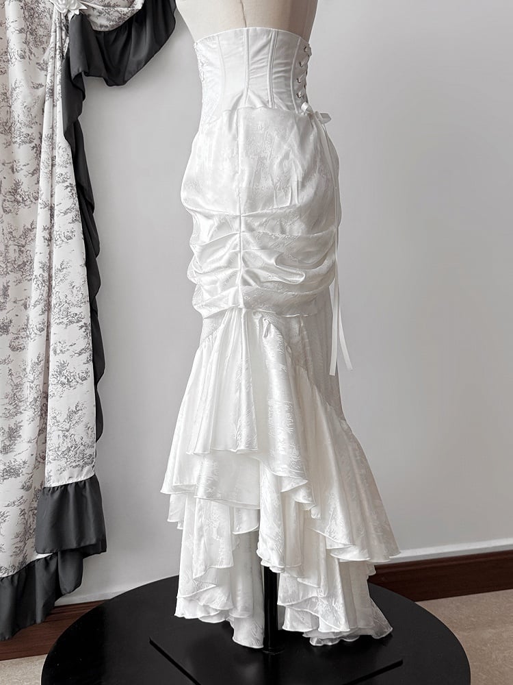 ハイウエスト ロリータ コルセット マーメイド フラウンス ボーンヘム スカート ゴシック アシンメトリー ホワイト カスケード