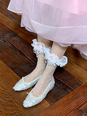 Yellow/Pink/Blue/Black Pattern Ankle Bowknot Beaded Trim Lace Socks Polka-dot