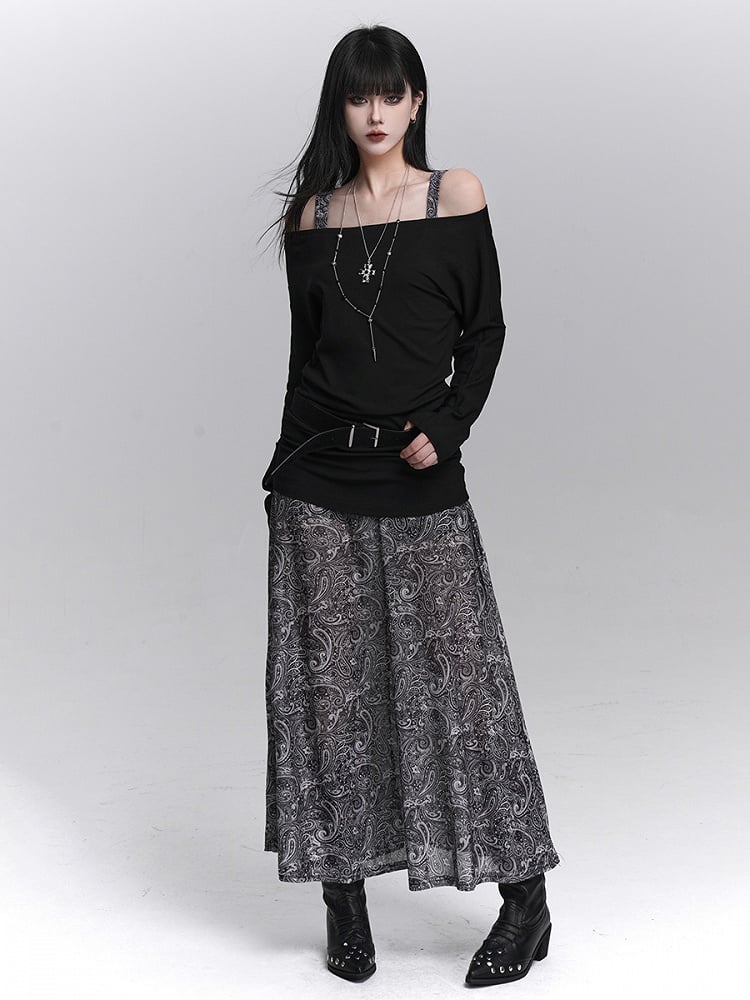 Ensemble with Top Off-Shoulder Dress Sleeveless Black Floral Gothic