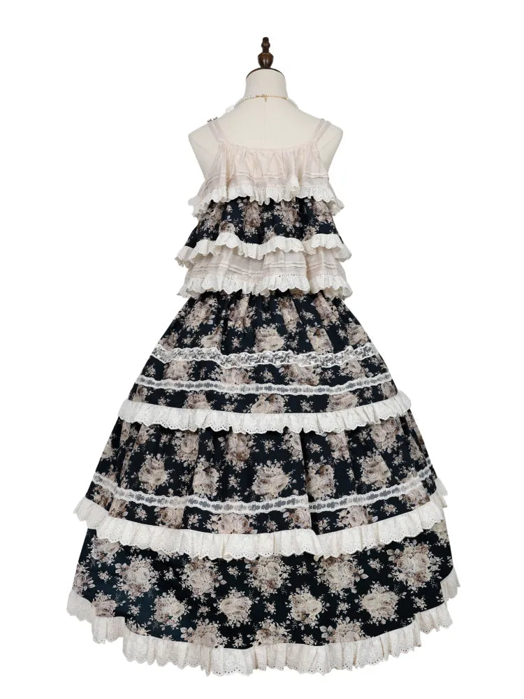 Black Rosette Print and Top Cami Tiered Beige