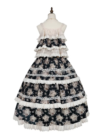 Black Rosette Print and Top Cami Tiered Beige