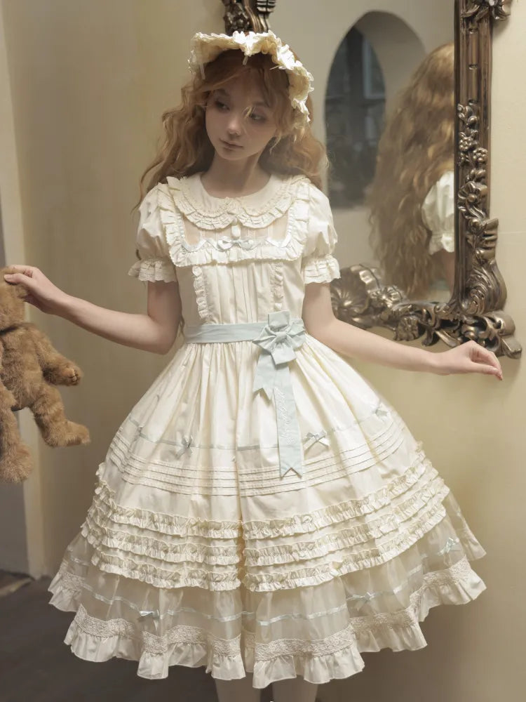 Kleid Schleife Kragen Lolita Grün Beige Baumwolle und Mint Pan Akzente Peter