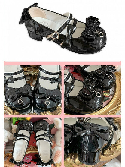 Black PU Kawaii Lolita Shoes with Heart Buckles & Bowknot at Back - Moon Baby Diary