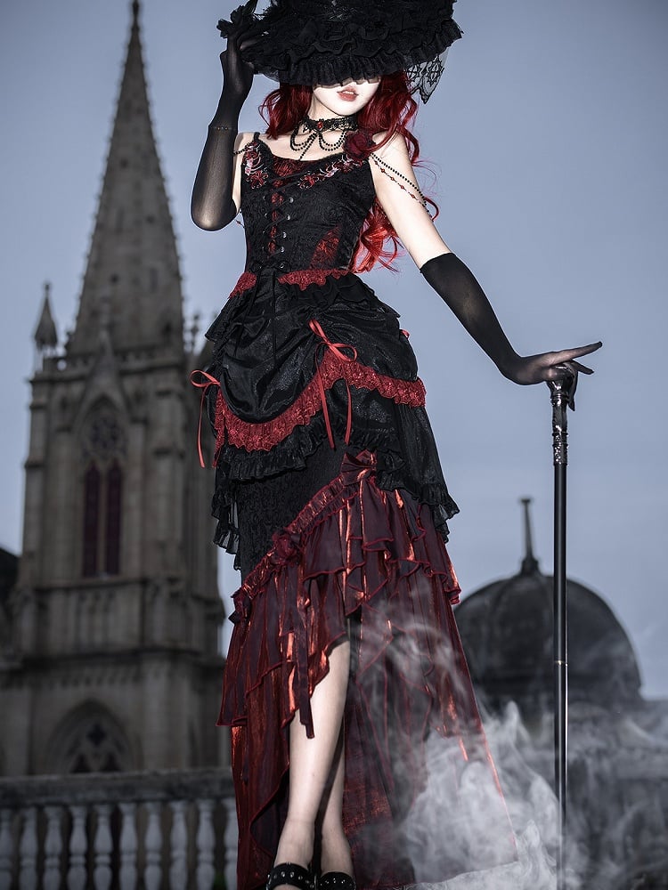 Black Red Gothic Corset Top and Skirt Set with Choker - Xiong Dou Jiang