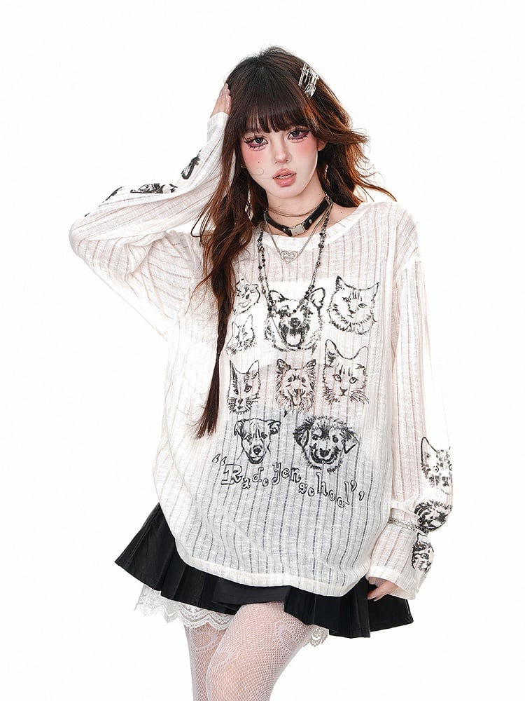 Schwarz/Beige, halbtransparentes, lockeres Oberteil mit Rundhalsausschnitt und Welpen- und Kätzchenmotiv