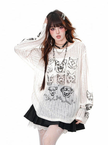 Schwarz/Beige, halbtransparentes, lockeres Oberteil mit Rundhalsausschnitt und Welpen- und Kätzchenmotiv