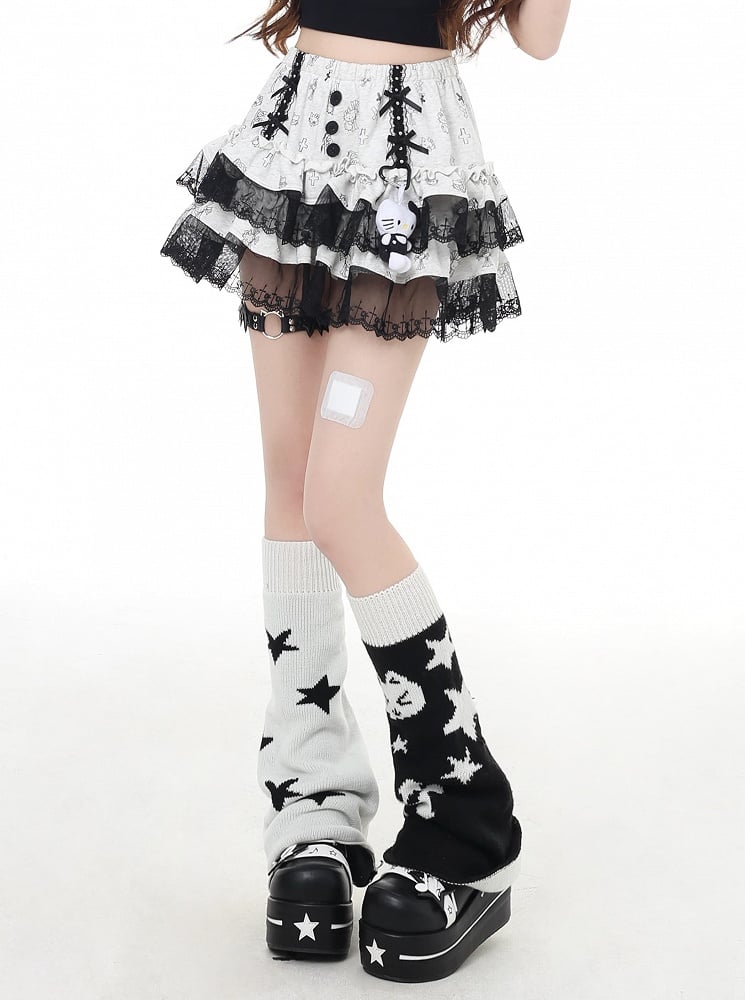 レースブラックトリムライトグレーキティプリントティアードスカート