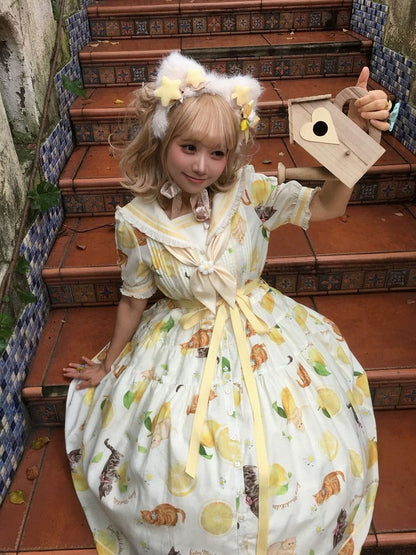 Yellow Sailor Collar Floral Print High Waist Dress with Cat Motif - Cutey Mask