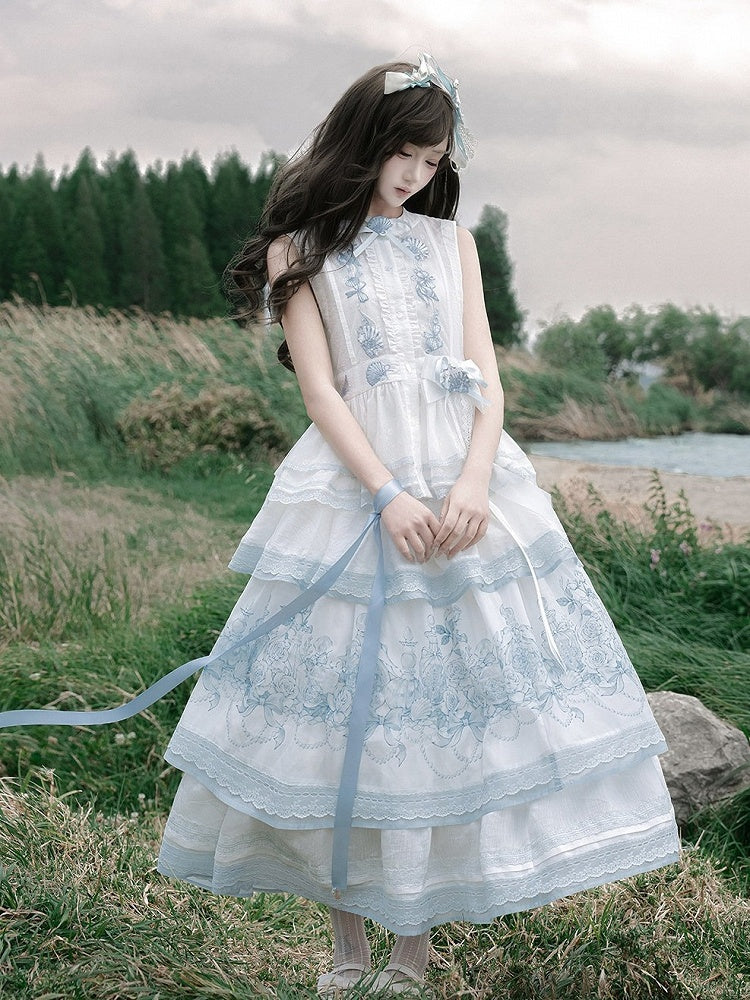 White Sheer Blue Shell Embroidered Lace Vest with Self-Tie - Yimu Walnut