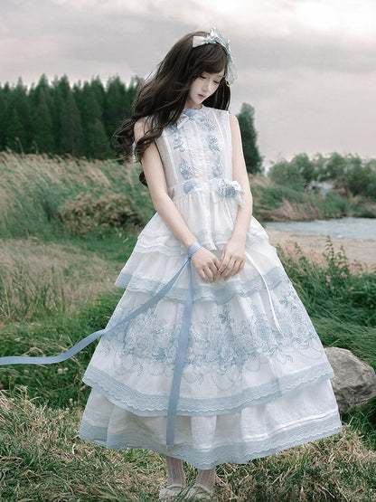White Sheer Blue Shell Embroidered Lace Vest with Self-Tie - Yimu Walnut
