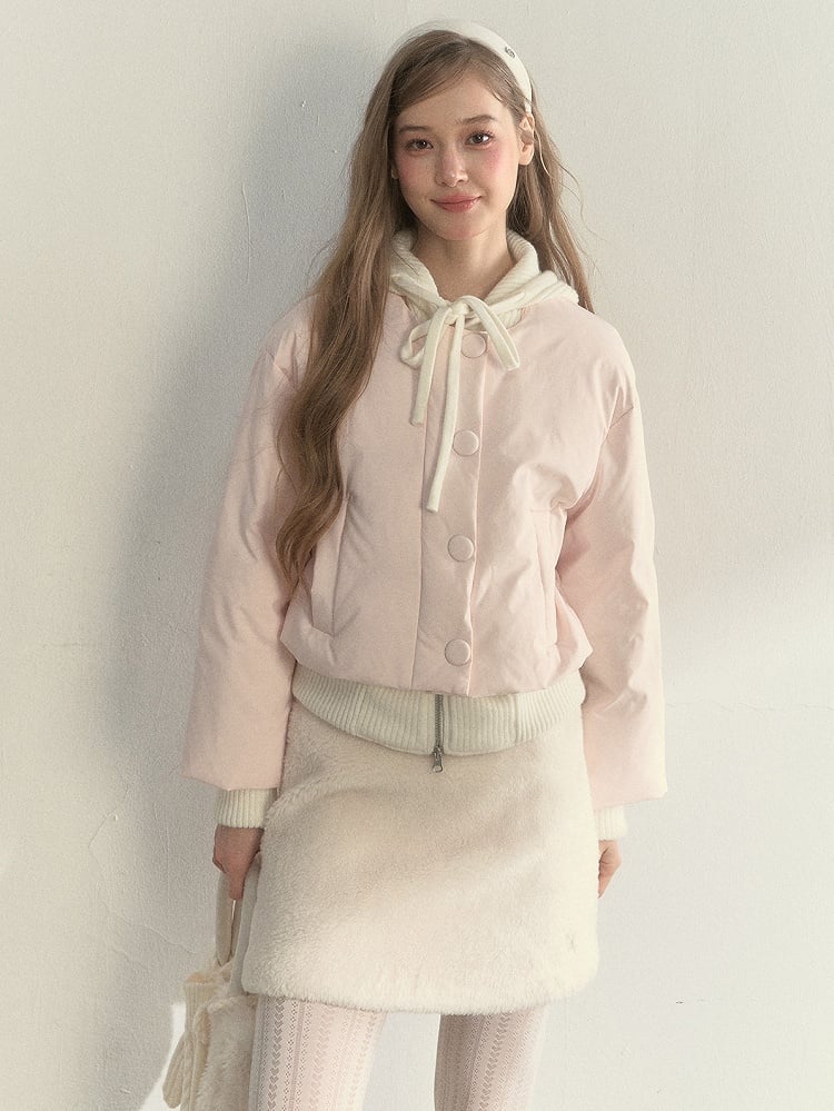 Jacket with Pink Hooded Down Bow Fake Two-Piece Details