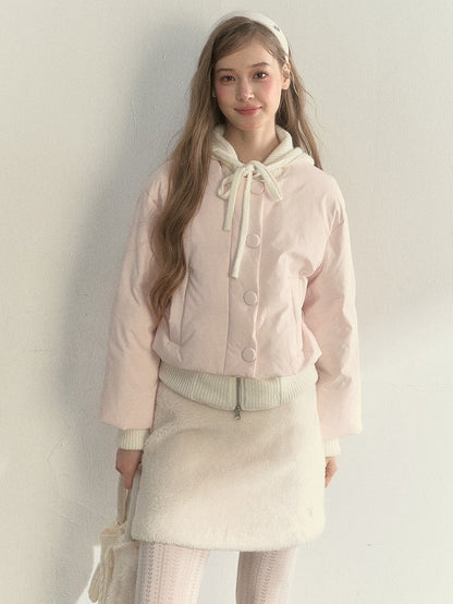 Jacket with Pink Hooded Down Bow Fake Two-Piece Details