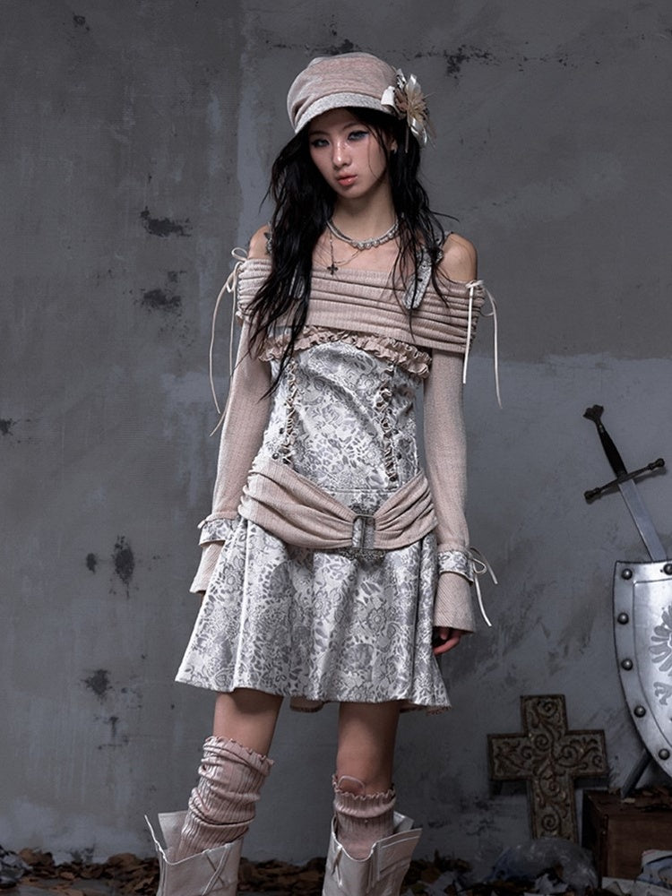 Off-Shoulder Dress Vintage Khaki Knit Punk A-Line with Belt Beige-gray PU Design