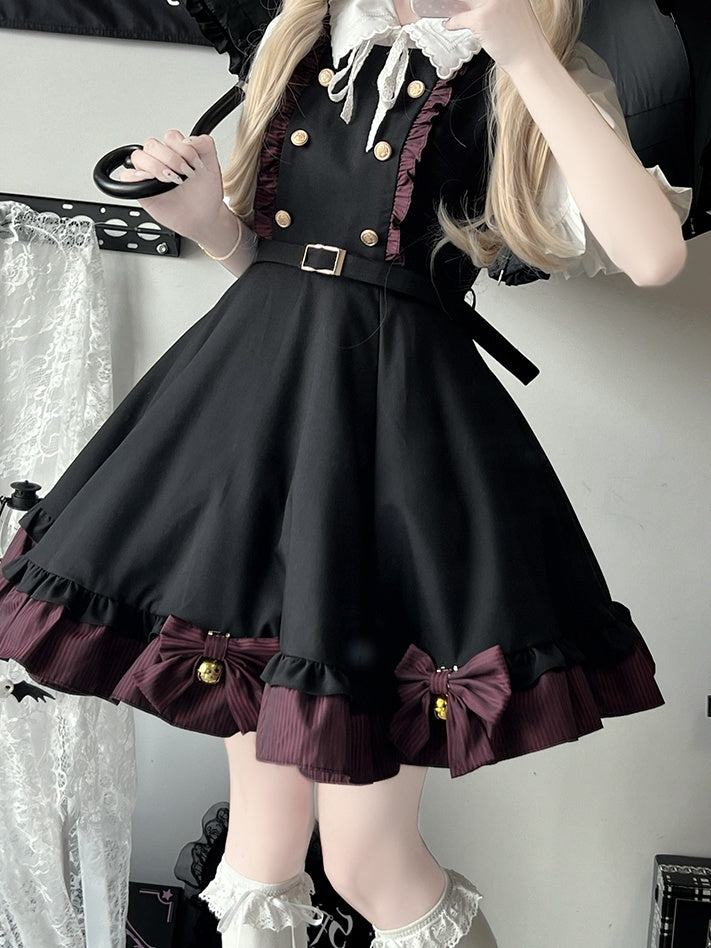 White Short Sleeves Blouse Dark Red&Black Bowknot Bell Striped Dress Set