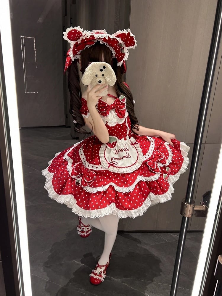 Lace Bow Dress Red Retro Details Dot Themed with Polka OP and Strawberry Lolita