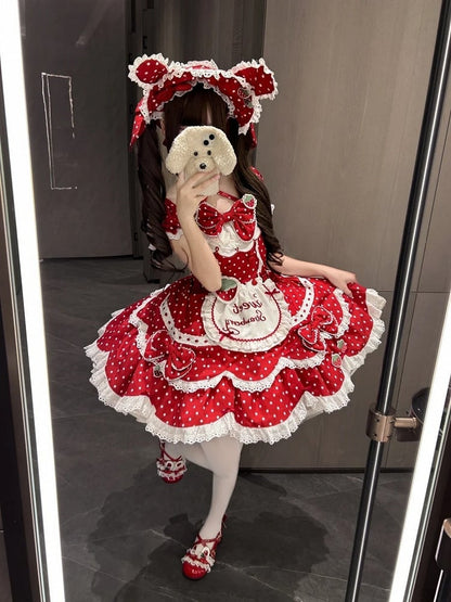 Hairband Retro Themed with Bow Dress Strawberry Ear + Bunny Details OP Polka Lolita Lace Red and Dot
