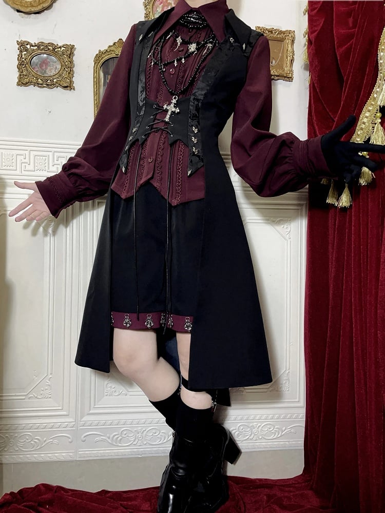 Wine Red Ouji Lolita Pointed Foldover Collar Vampire Long Sleeves Shirt