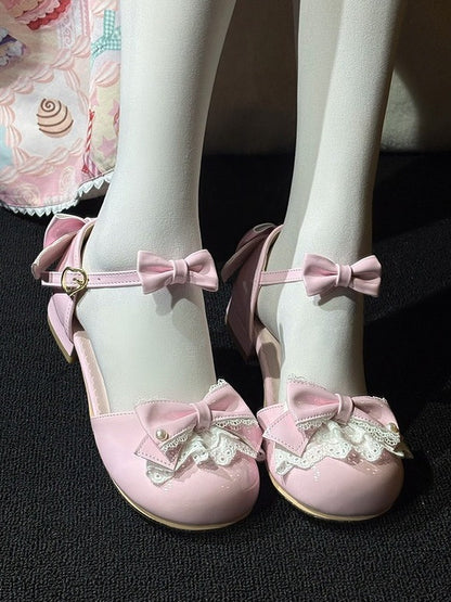 Pastel Pink Bow-Embellished Low Heel Mary Janes with Lace Accents - Fairy Godmother
