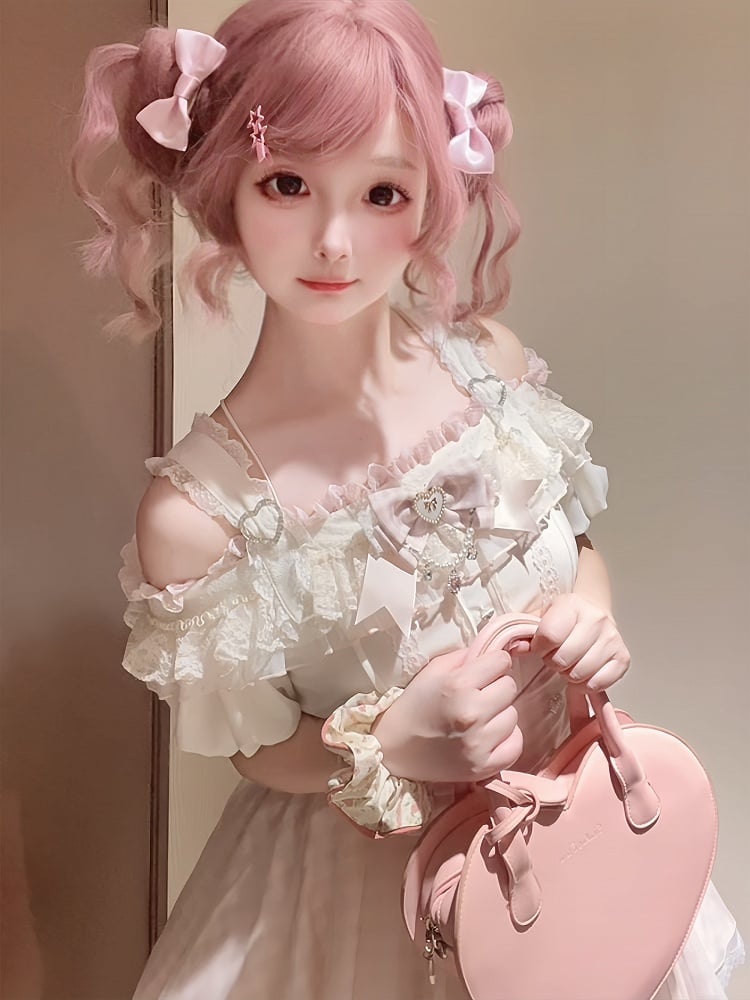 Top with Off-the-shoulder Jirai Kei Apricot Neckline and Pink Lace Trim