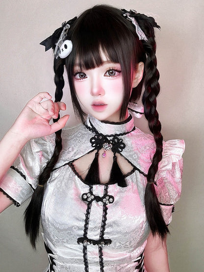 編み込みショートバングスウィッグ+ポニーテールブラック55CMクロー30CMクリップフルストレートダブル付き