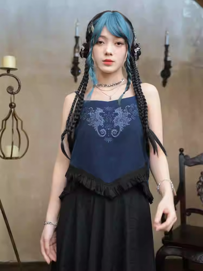 Seepferdchen-Cheongsam-Oberteil und Cami-Saum-Stil, Quaste, dunkle Stickerei, Korallenblau