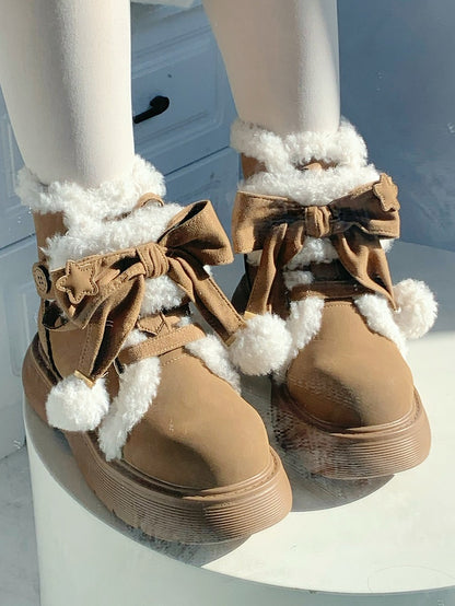Fleece Winter with 5.5cm System Heel Brown Closure - Hybrid Boots Lolita Cozy Sweet