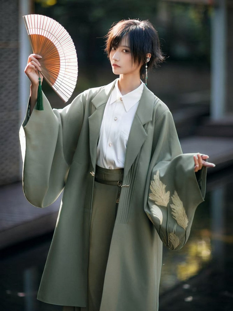 Han-inspired with Green Unisex Coat Pleating Details