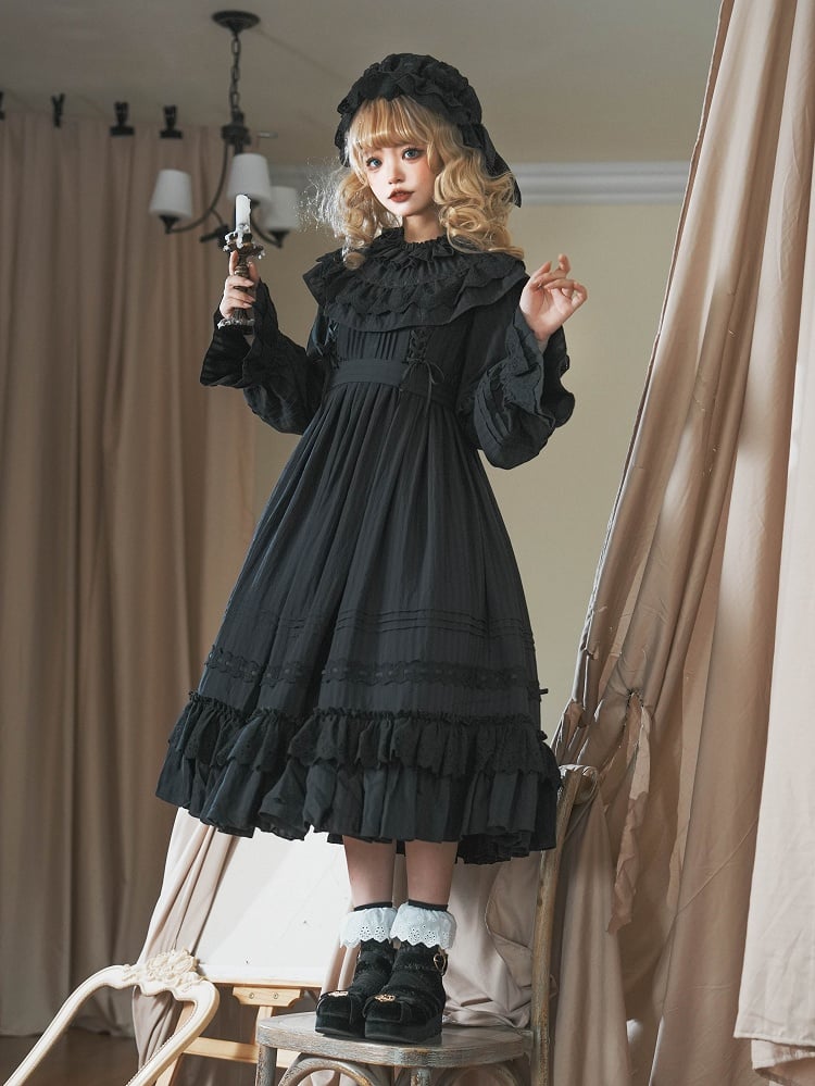 Neck Gothic Black All Lolita Sleeves Kuro Dress Long Layered Ruffle Hemline Ruffled