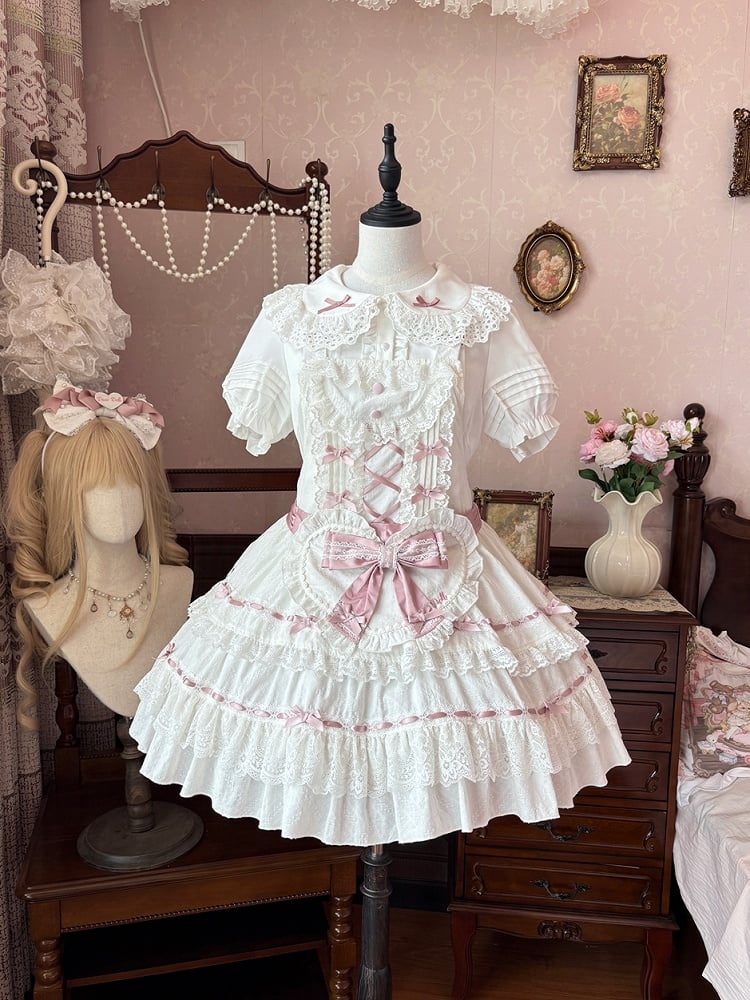 Verzierte Schleife zum Selbstbinden Sweet Lolita Weiße Herzschürze und Rosa
