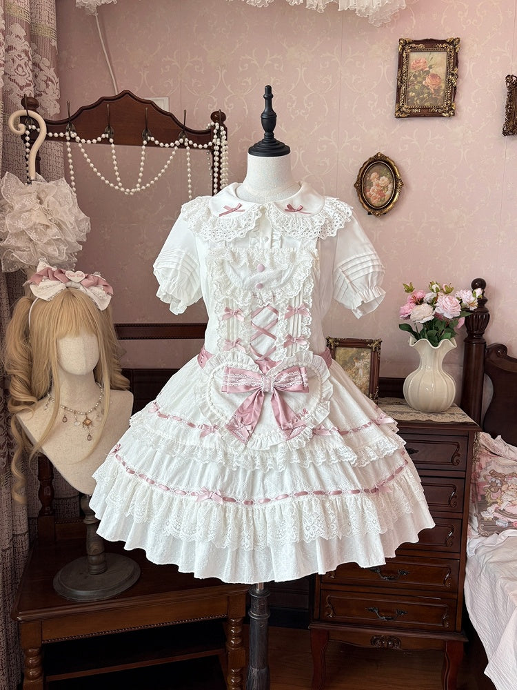 Self-tie and Sweet Decorated Lolita Apron Heart Pink White Bow