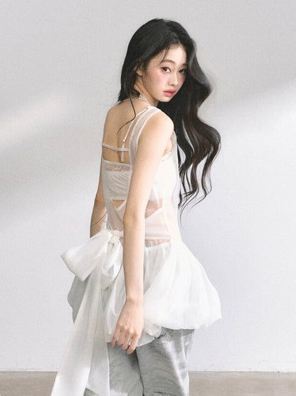 バックレスメッシュバブルオーバートップホワイトセルフタイボウバック