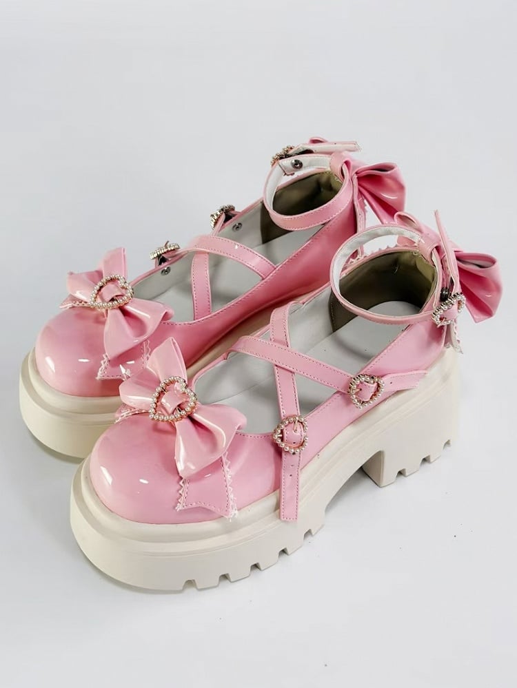 Mary Beaded Pink Details Crossed Janes with Bow Chunky Straps Heel Heart - Closure