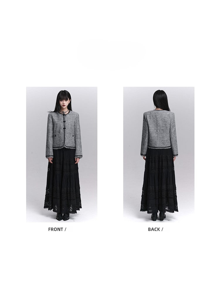 Structured Trim Gray Raw PU Fall Edges Black Crop Jacket with