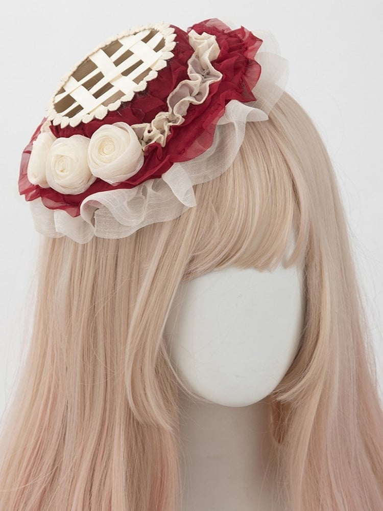 Flower Beige Woven Accents Sweet with Lolita Design Hat Red Mini