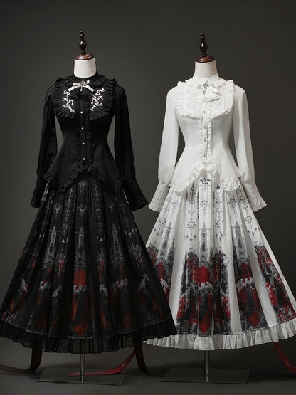 Black Angel Ruffled Pleat Box Gothic Skirt Red and Blouse Set Printed